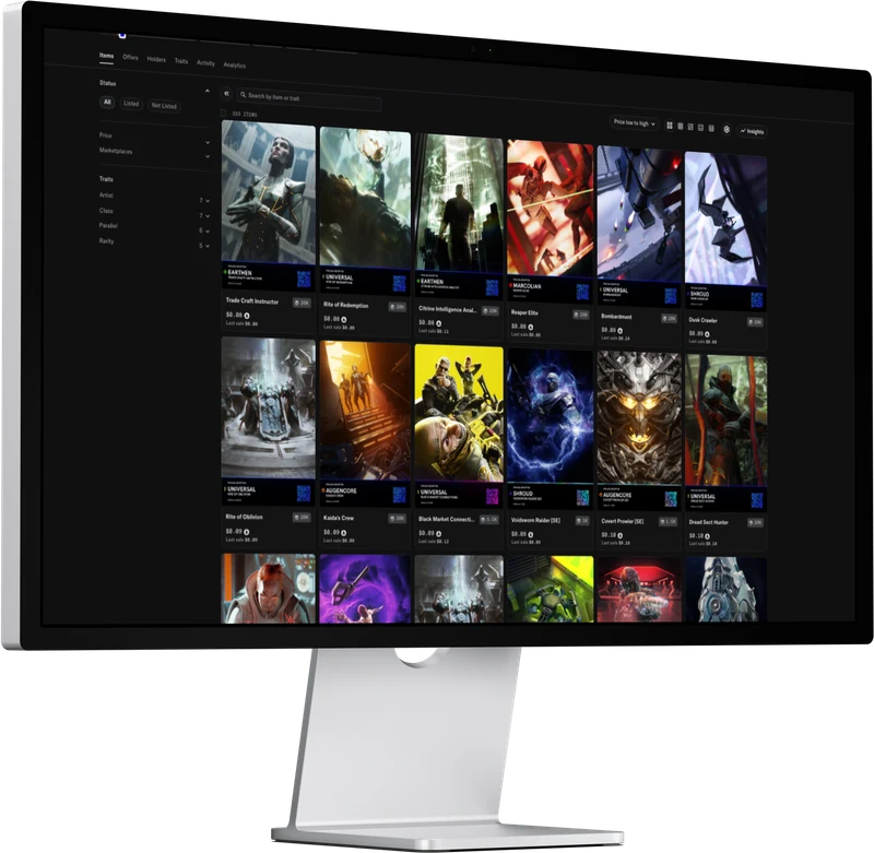 Parallel’s digital collectible storefront displayed on a desktop monitor