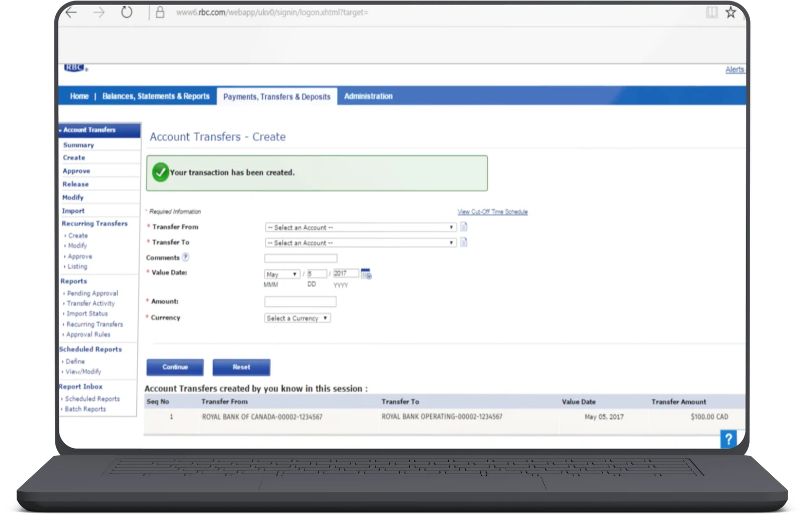 RBC Express business banking portal displayed on a laptop